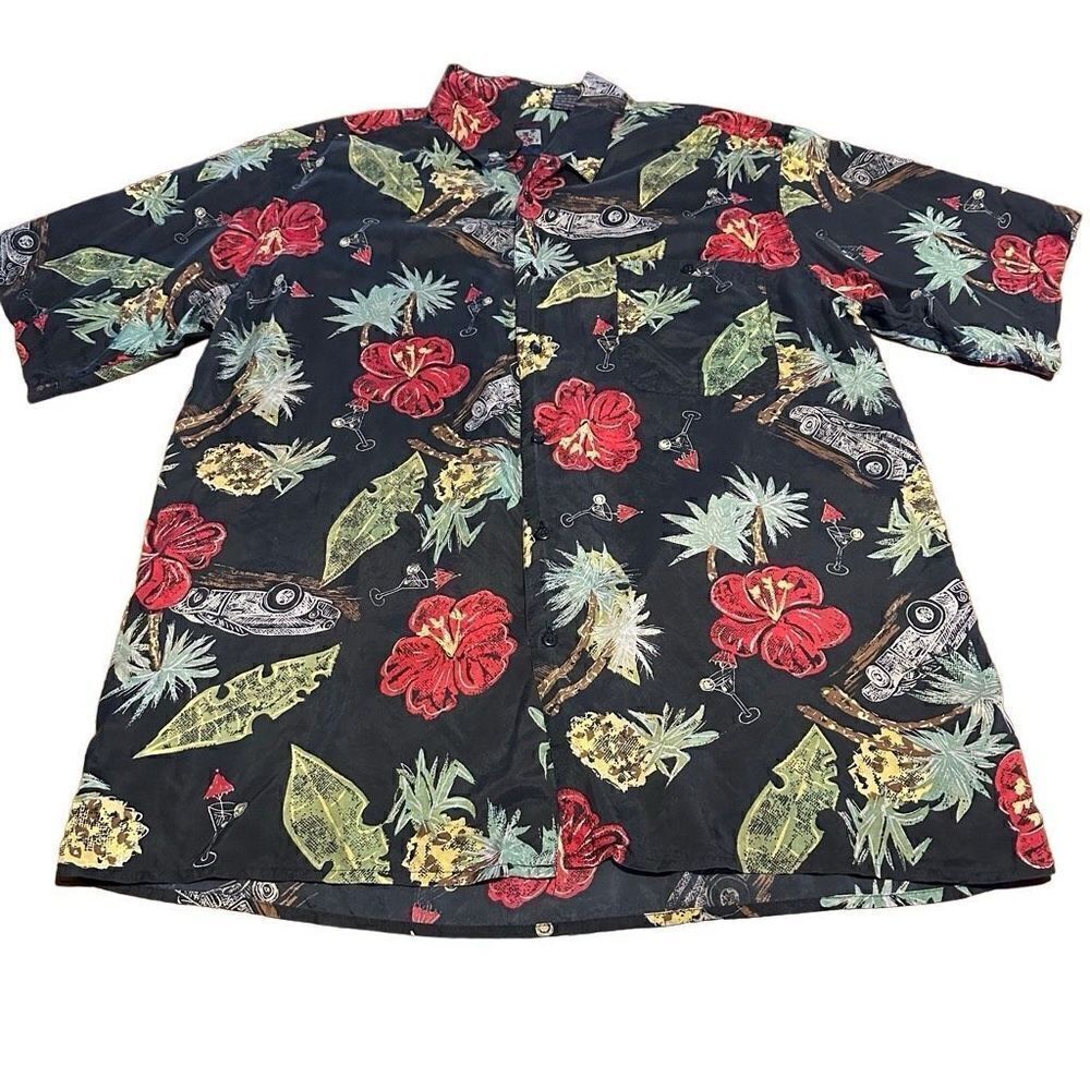 Vtg Montage Mens 100% Silk Hawaiian Shirt Button Up Pocket Black Pineapple Sz L